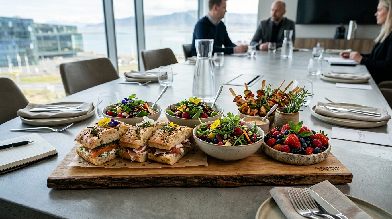 An office catering tray of salads, focaccia and fresh fruit