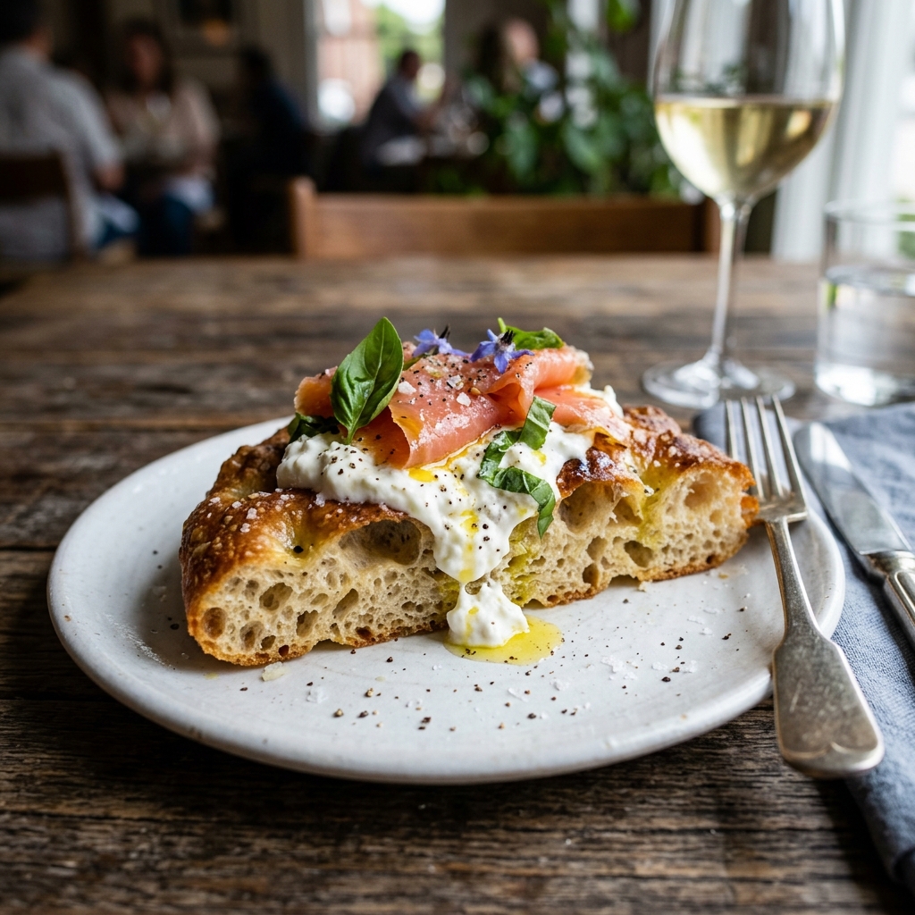 A slice of focaccia topped with burrata, smoked salmon, basil and cracked pepper on a pale ceramic plate