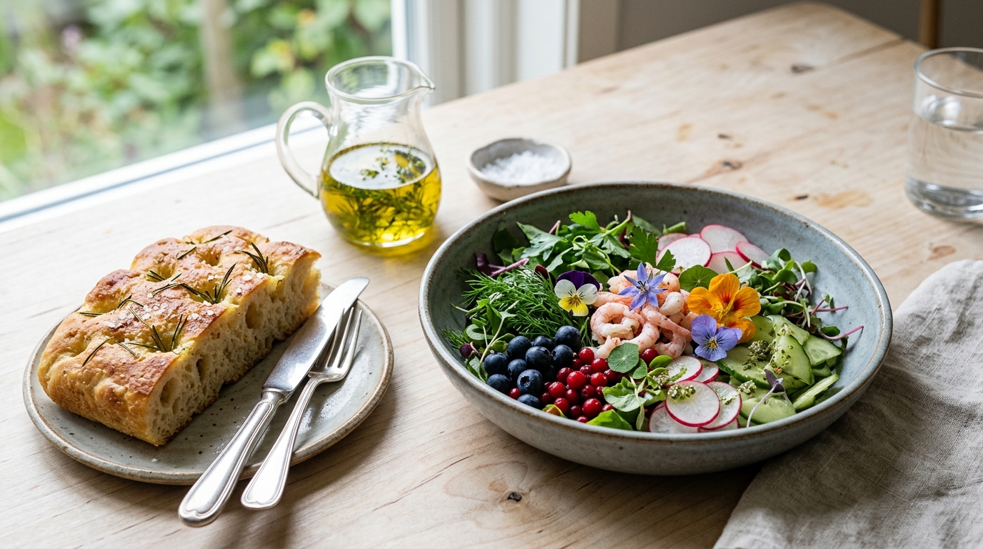 A bowl of leaves, herbs, radish, berries and Icelandic shrimp beside a slab of rosemary focaccia on a pale wooden table